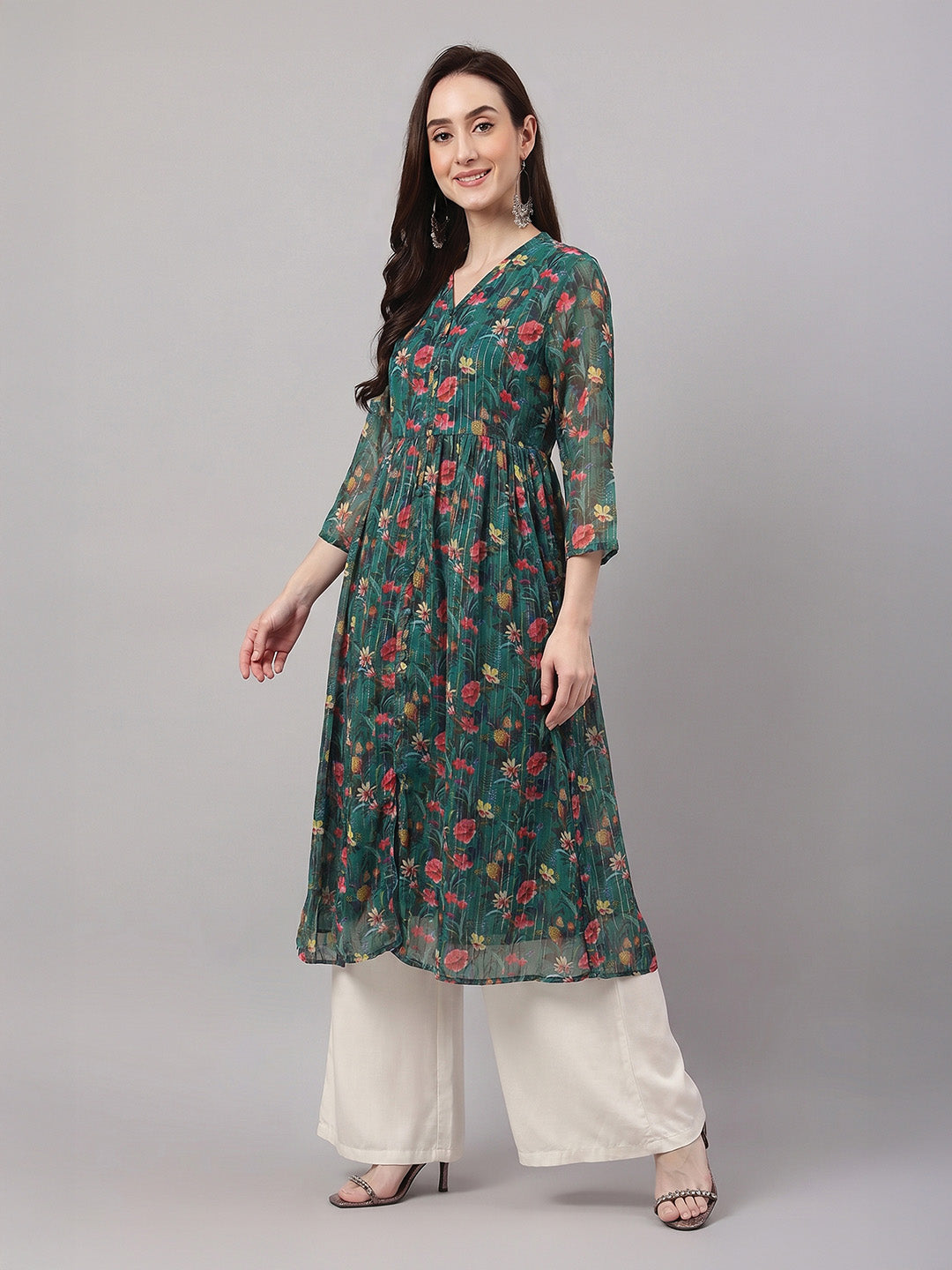 Janasya Women's Bottle Green Lurex Chiffon Floral Printed A-Line Kurta