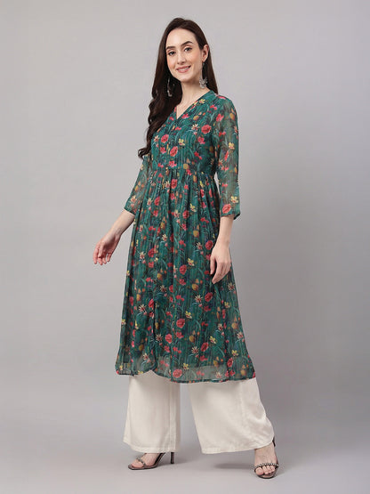 Janasya Women's Bottle Green Lurex Chiffon Floral Printed A-Line Kurta