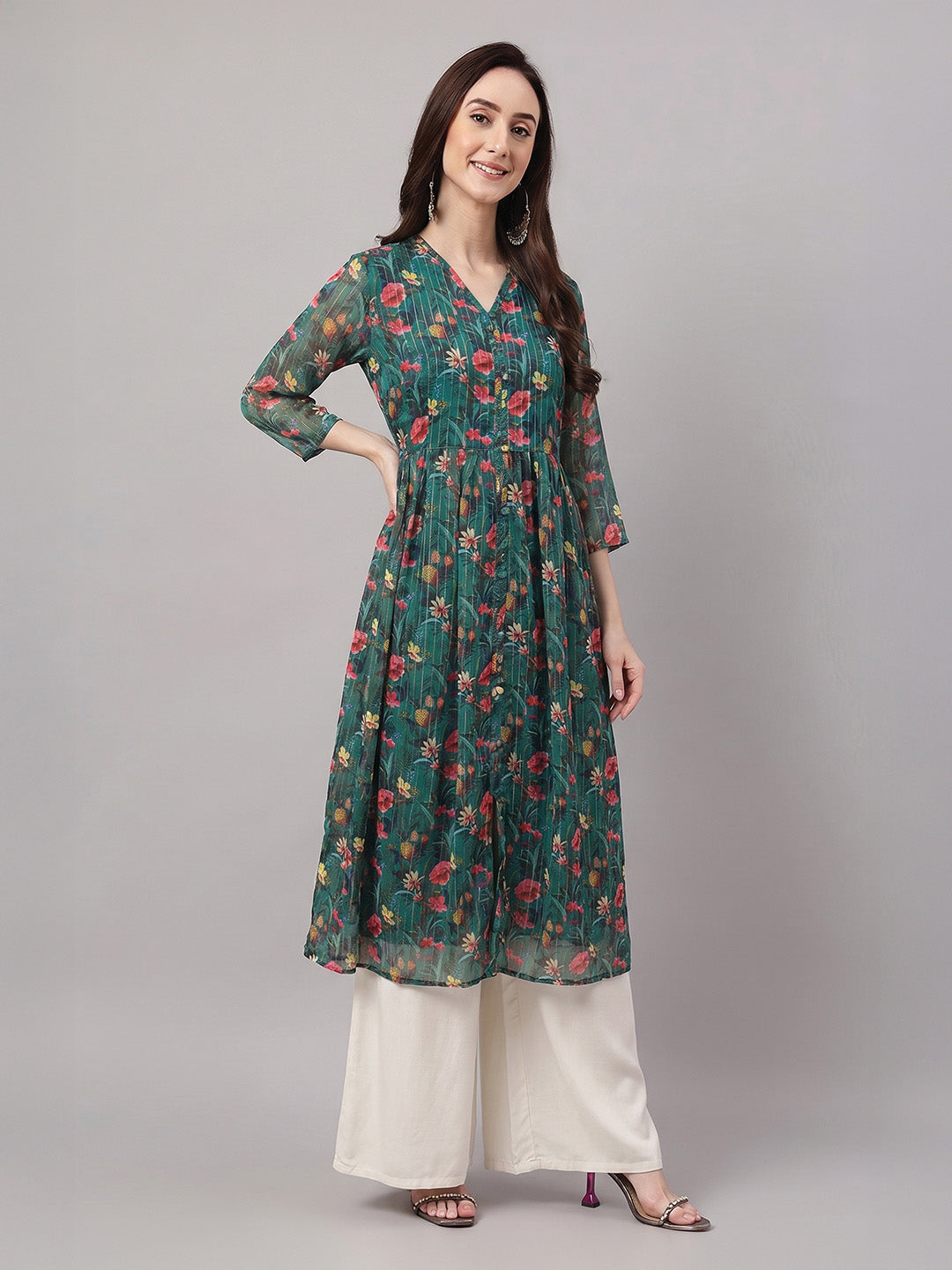 Janasya Women's Bottle Green Lurex Chiffon Floral Printed A-Line Kurta