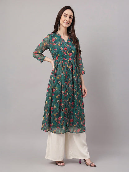 Janasya Women's Bottle Green Lurex Chiffon Floral Printed A-Line Kurta