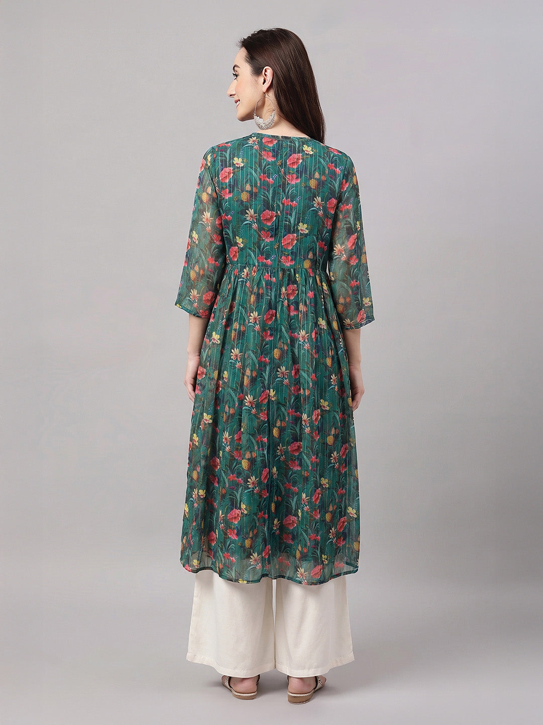 Janasya Women's Bottle Green Lurex Chiffon Floral Printed A-Line Kurta