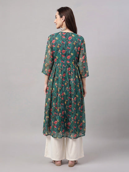 Janasya Women's Bottle Green Lurex Chiffon Floral Printed A-Line Kurta