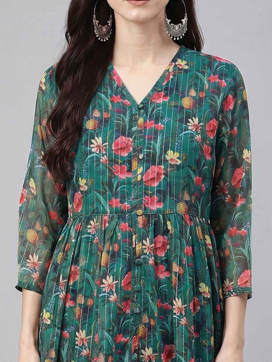 Janasya Women's Bottle Green Lurex Chiffon Floral Printed A-Line Kurta