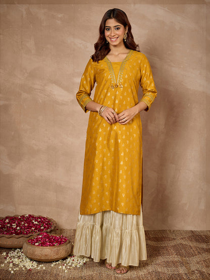 Janasya Women's Mustard Silk Blend Foil Printed Straight Kurta