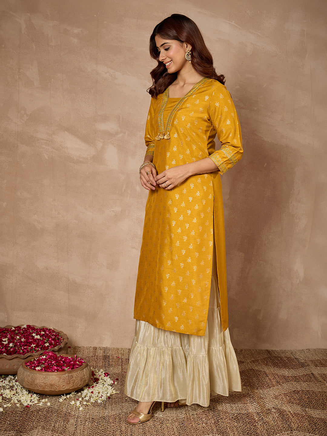 Janasya Women's Mustard Silk Blend Foil Printed Straight Kurta