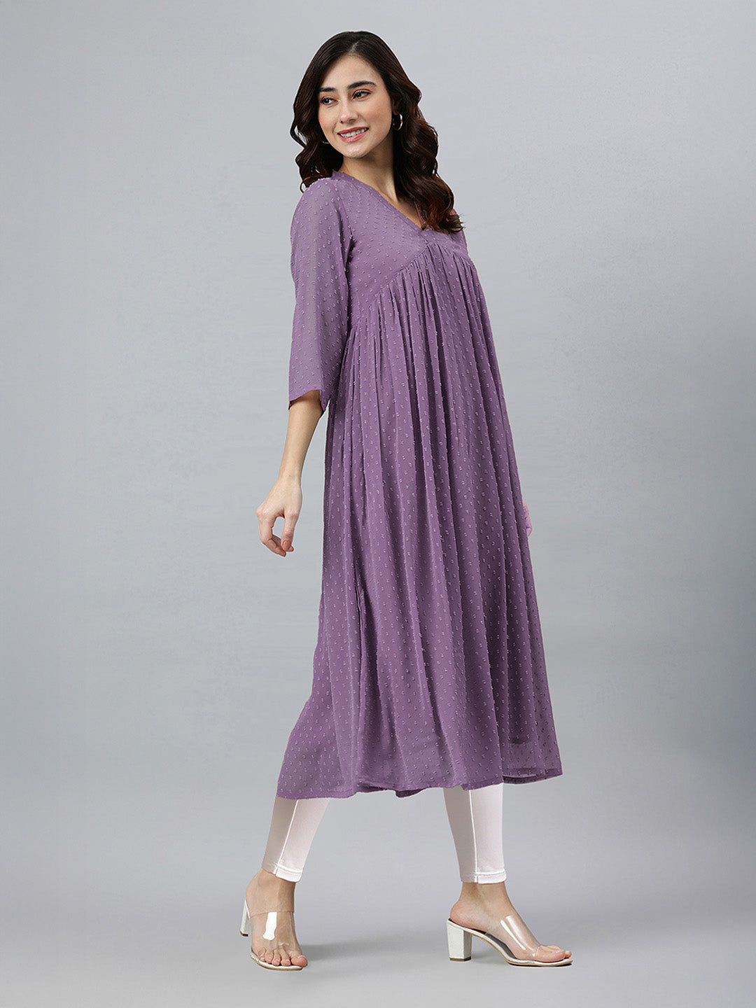 Janasya Women's Lavender Dobby Chiffon Self Design Flared Kurta