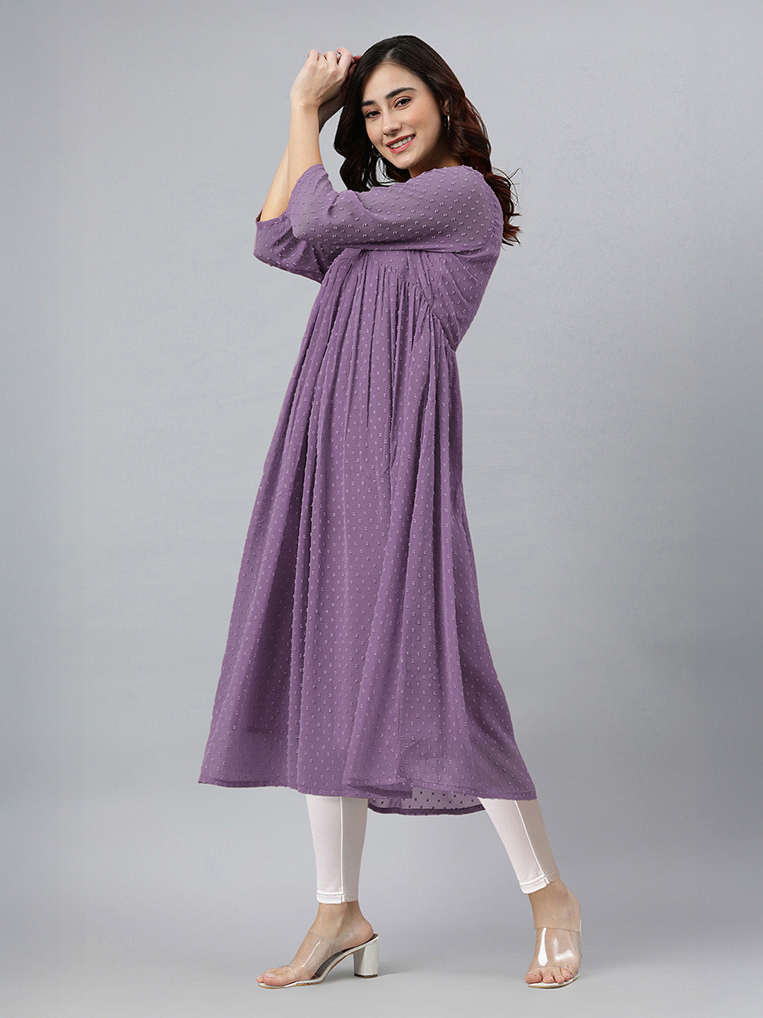 Janasya Women's Lavender Dobby Chiffon Self Design Flared Kurta