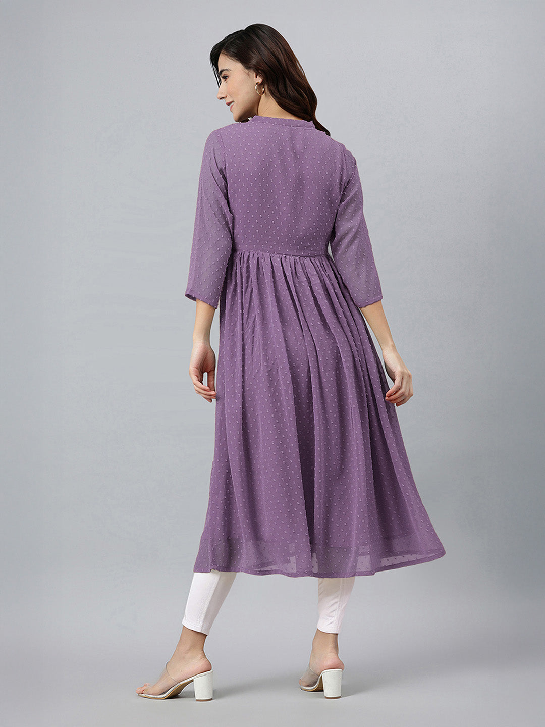 Janasya Women's Lavender Dobby Chiffon Self Design Flared Kurta