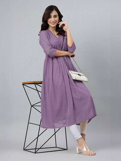 Janasya Women's Lavender Dobby Chiffon Self Design Flared Kurta