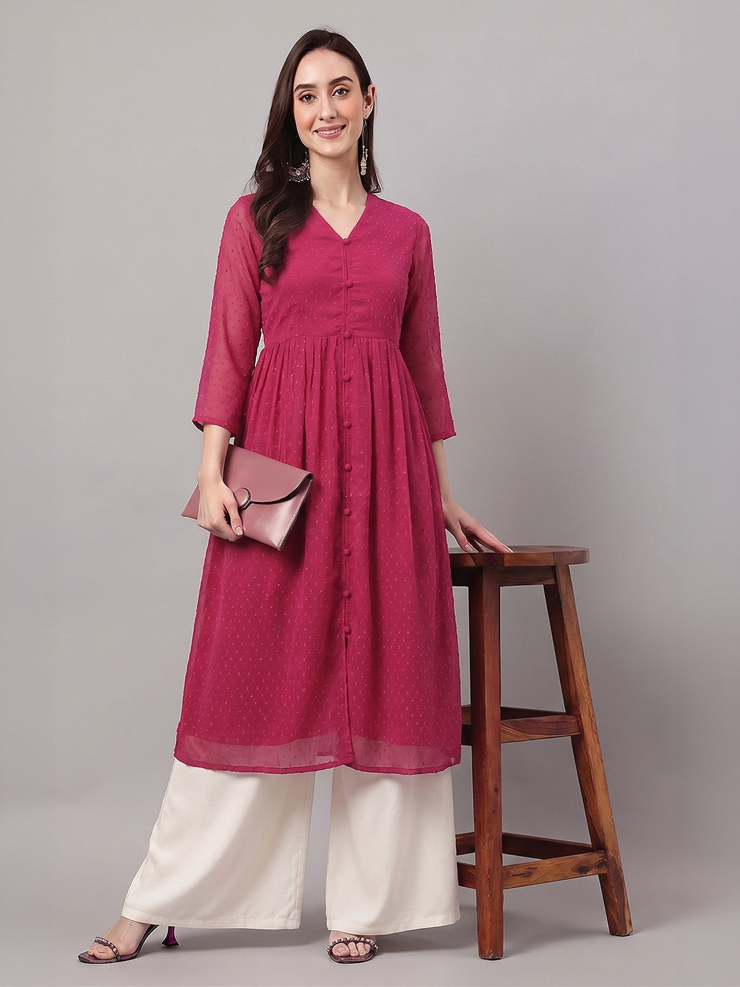 Janasya Women's Pink Dobby Chiffon Solid A-Line Kurta