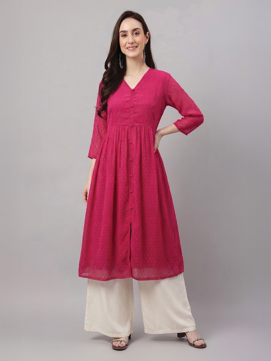 Janasya Women's Pink Dobby Chiffon Solid A-Line Kurta