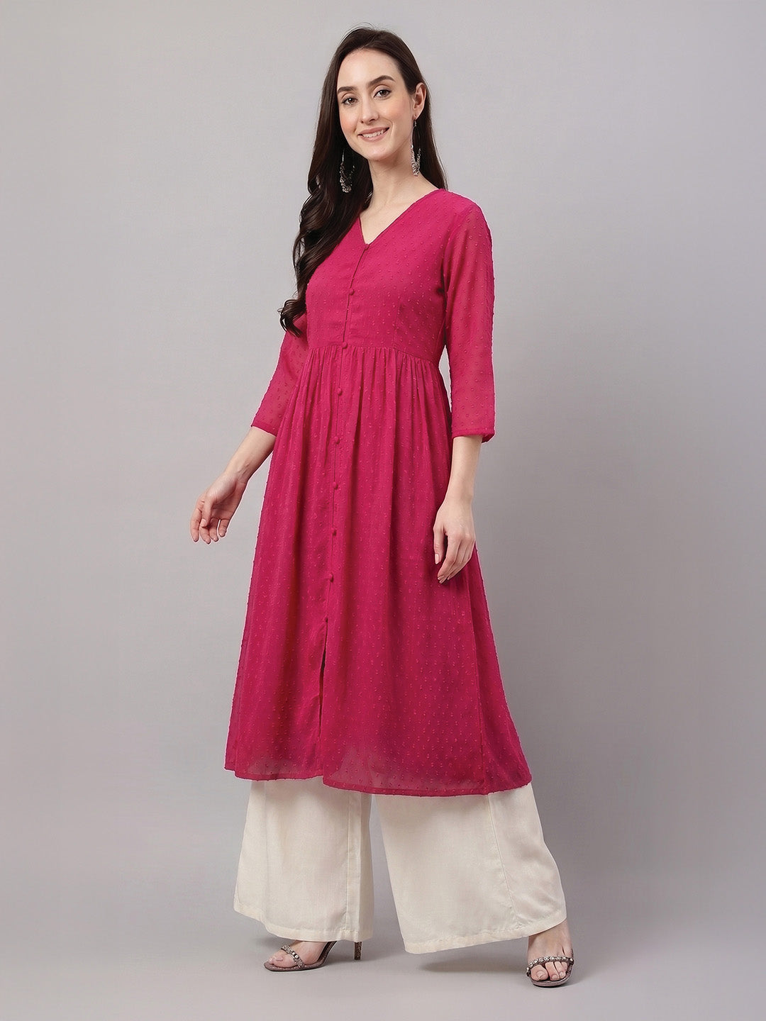 Janasya Women's Pink Dobby Chiffon Solid A-Line Kurta