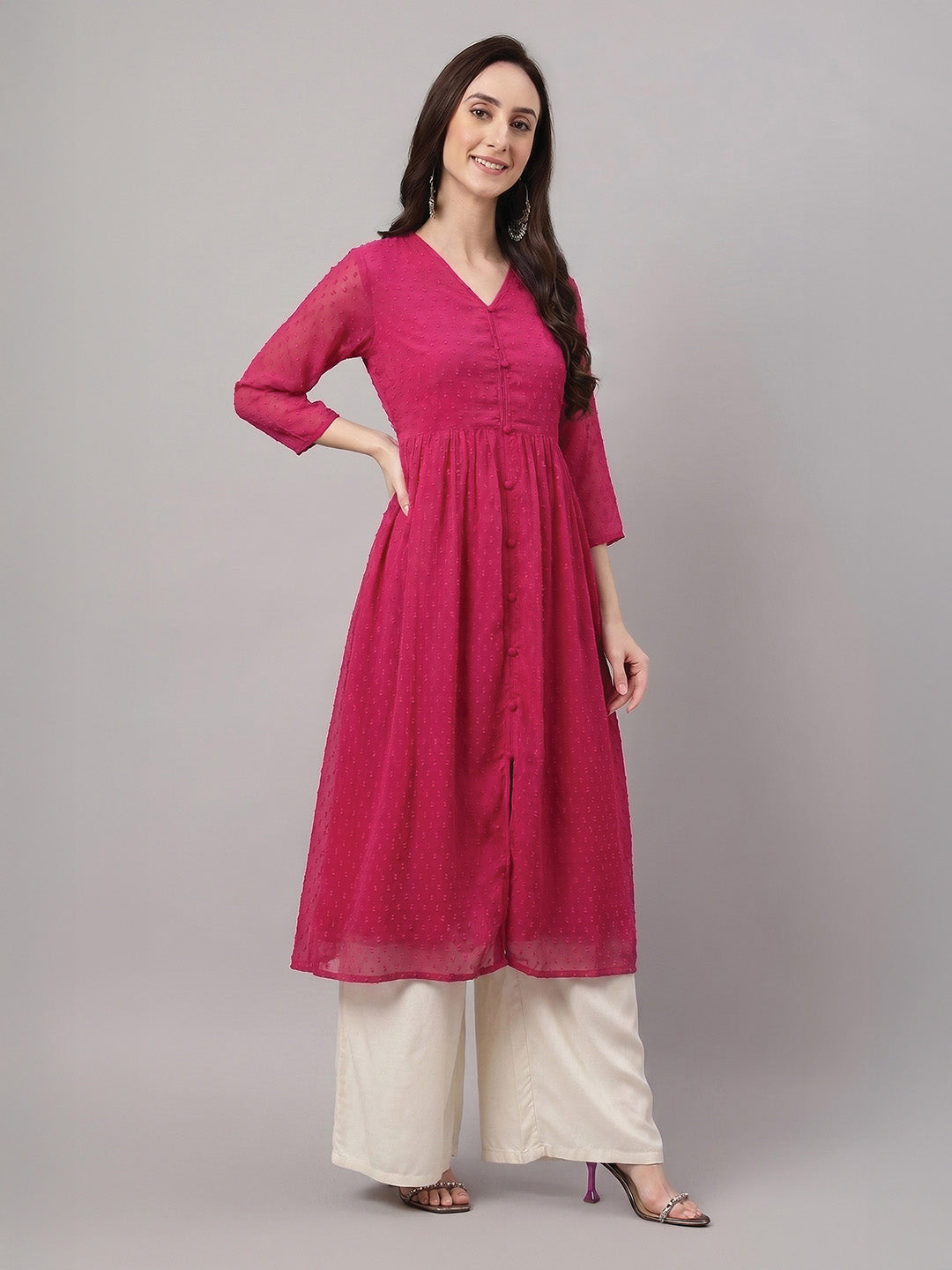 Janasya Women's Pink Dobby Chiffon Solid A-Line Kurta