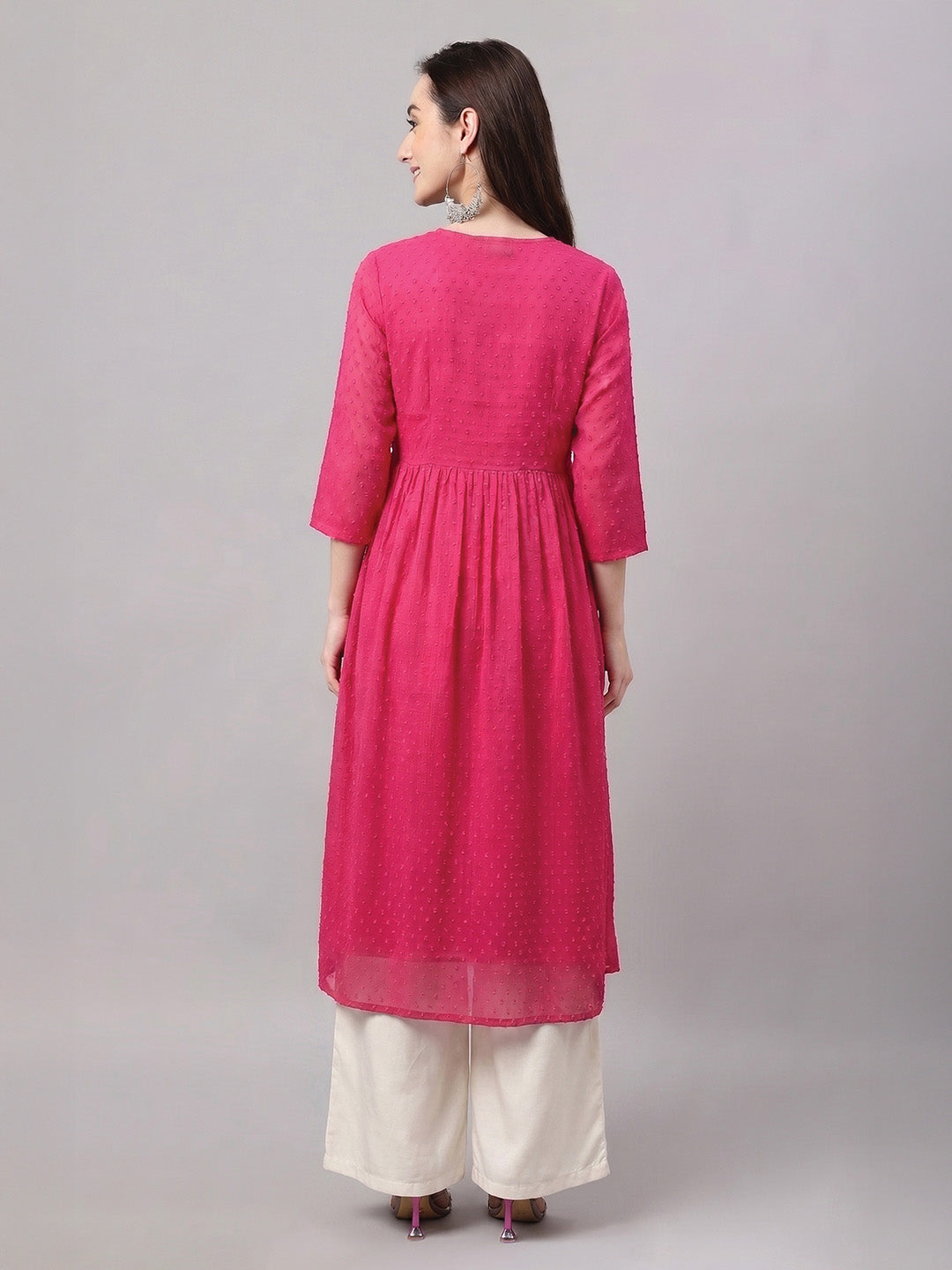 Janasya Women's Pink Dobby Chiffon Solid A-Line Kurta