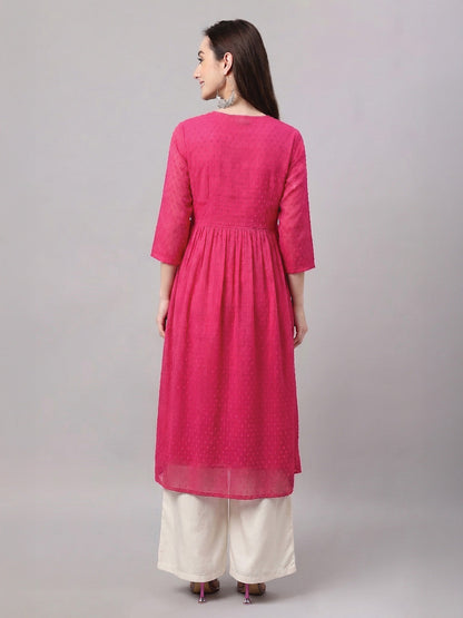 Janasya Women's Pink Dobby Chiffon Solid A-Line Kurta