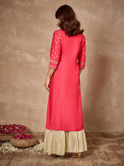Janasya Women's Pink Silk Blend Foil Printed Straight Kurta