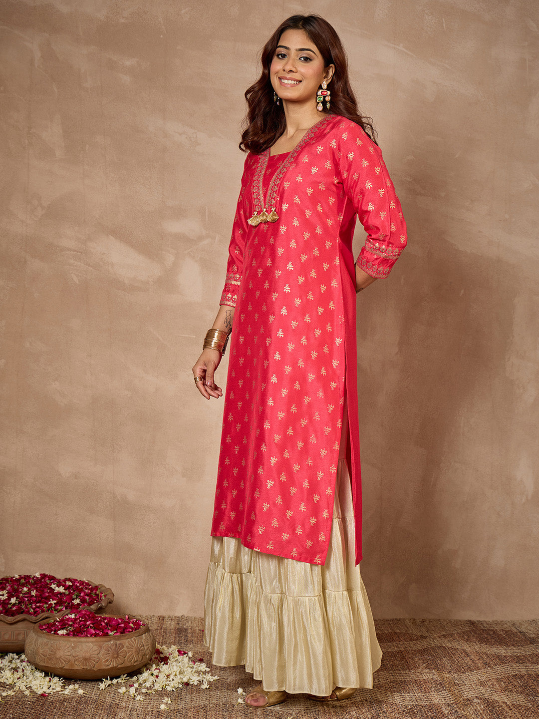 Janasya Women's Pink Silk Blend Foil Printed Straight Kurta