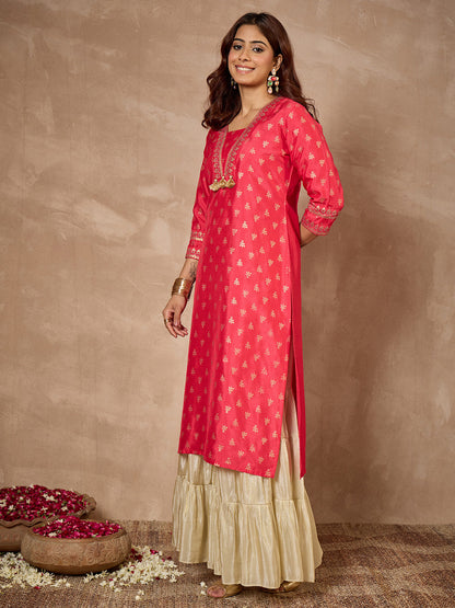 Janasya Women's Pink Silk Blend Foil Printed Straight Kurta