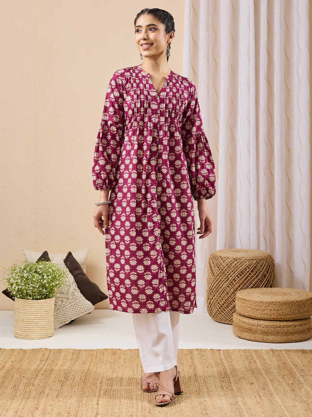 Janasya Women's Purple Pure Cotton Floral Printed Straight Kurta