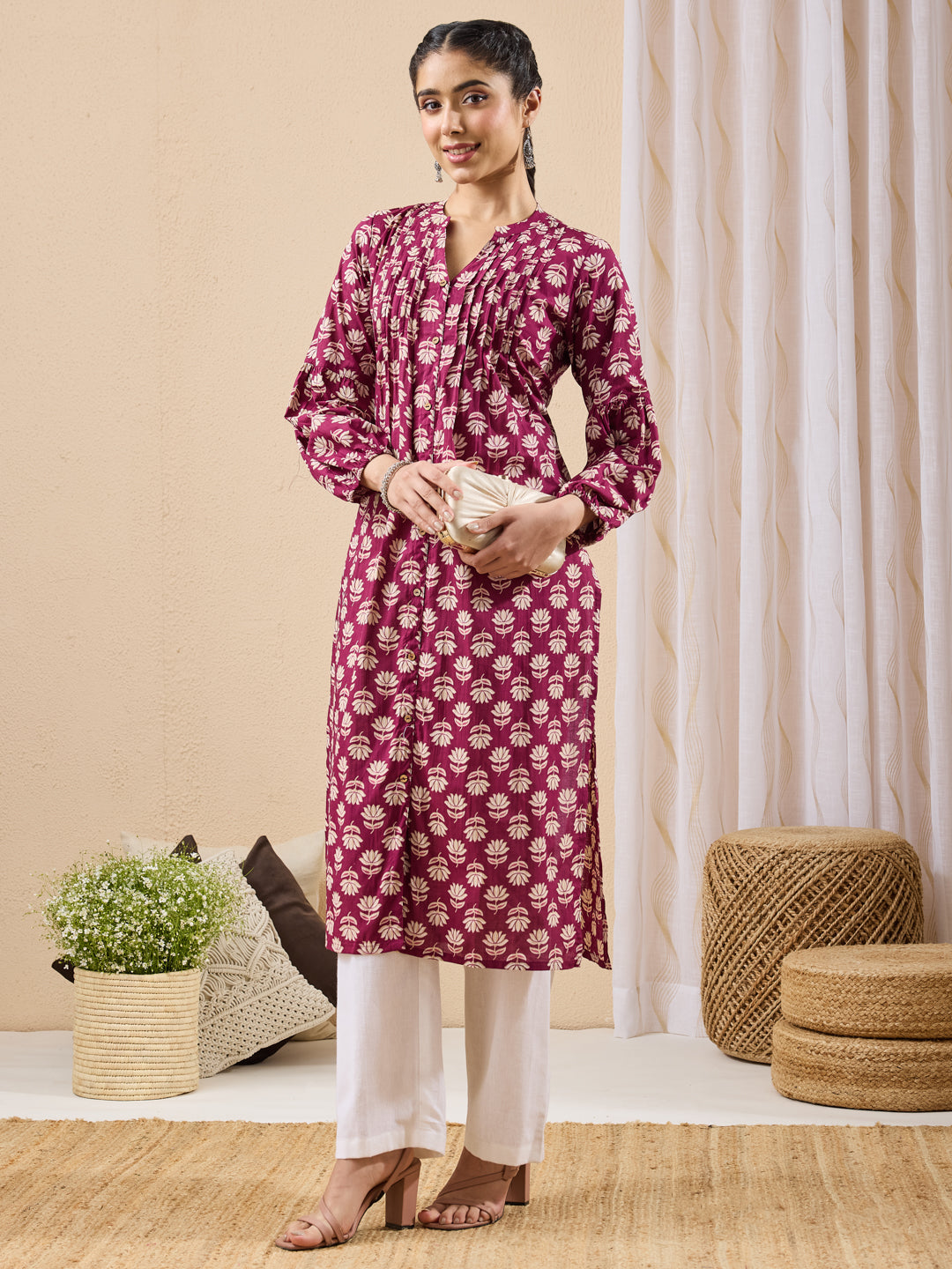 Janasya Women's Purple Pure Cotton Floral Printed Straight Kurta