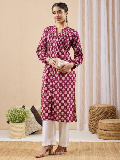 Janasya Women's Purple Pure Cotton Floral Printed Straight Kurta