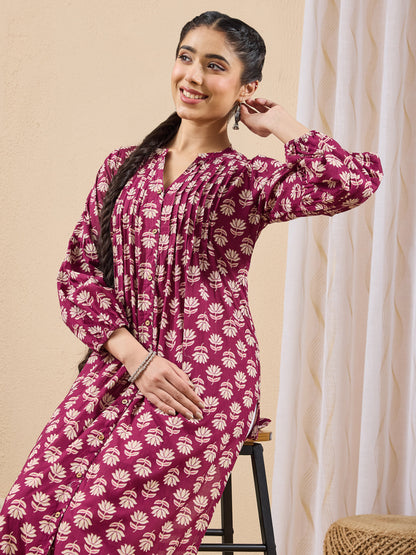 Janasya Women's Purple Pure Cotton Floral Printed Straight Kurta