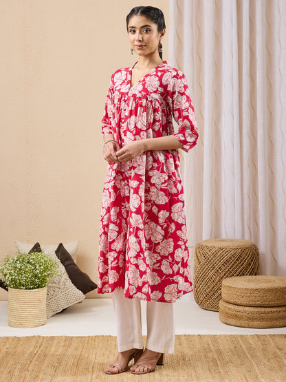 Janasya Women's Pink Pure Cotton Floral Printed A-line Kurta