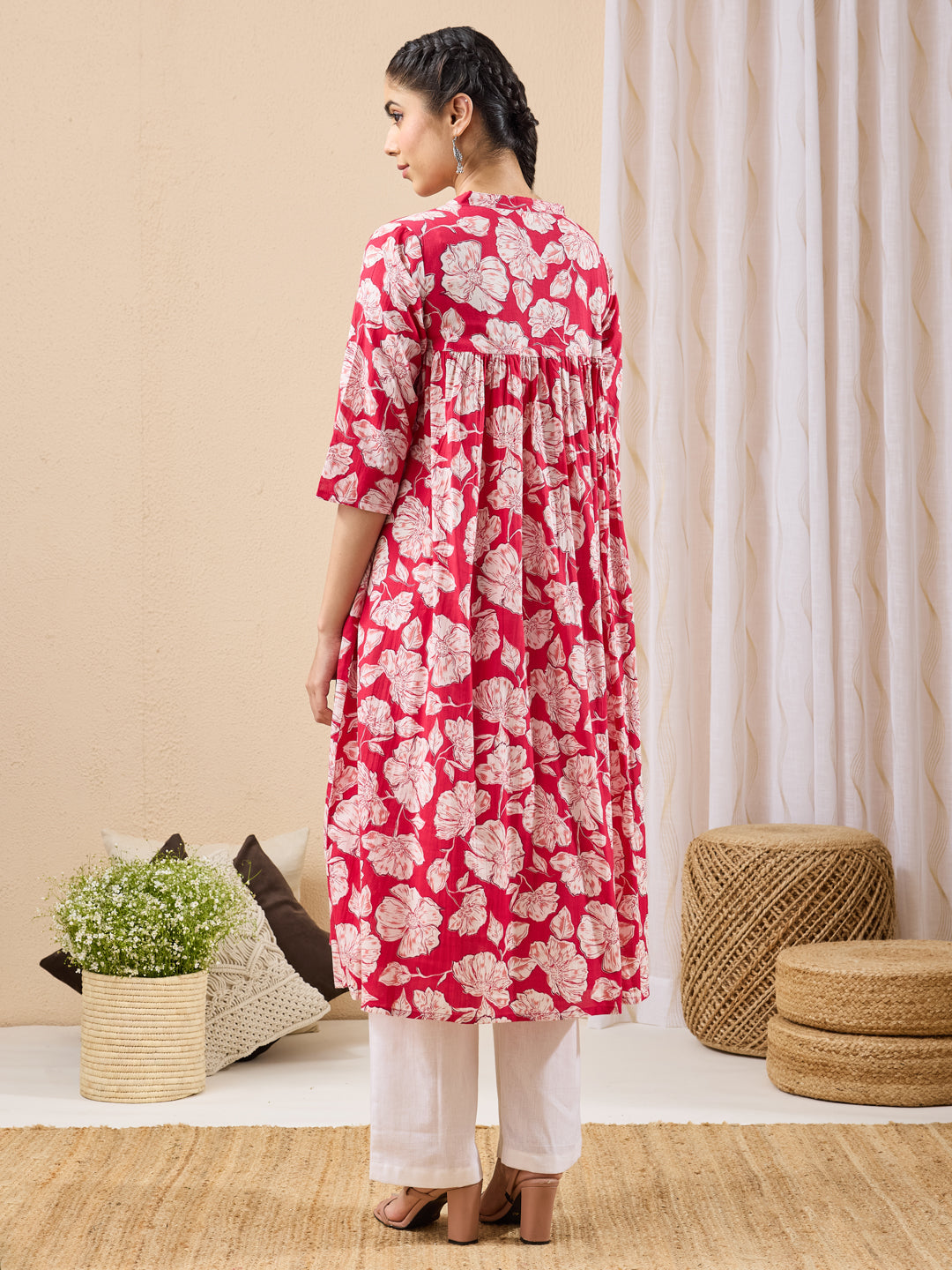 Janasya Women's Pink Pure Cotton Floral Printed A-line Kurta