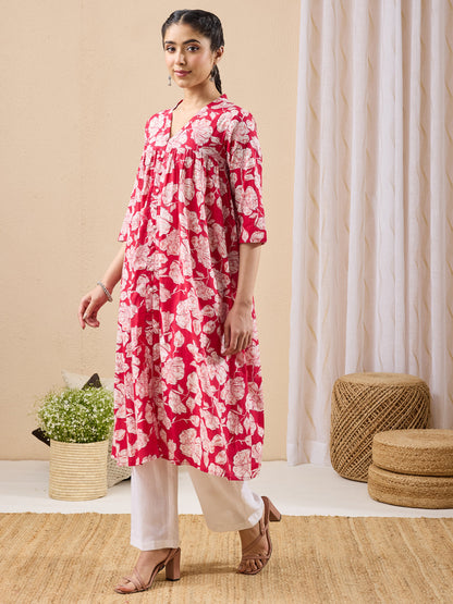 Janasya Women's Pink Pure Cotton Floral Printed A-line Kurta