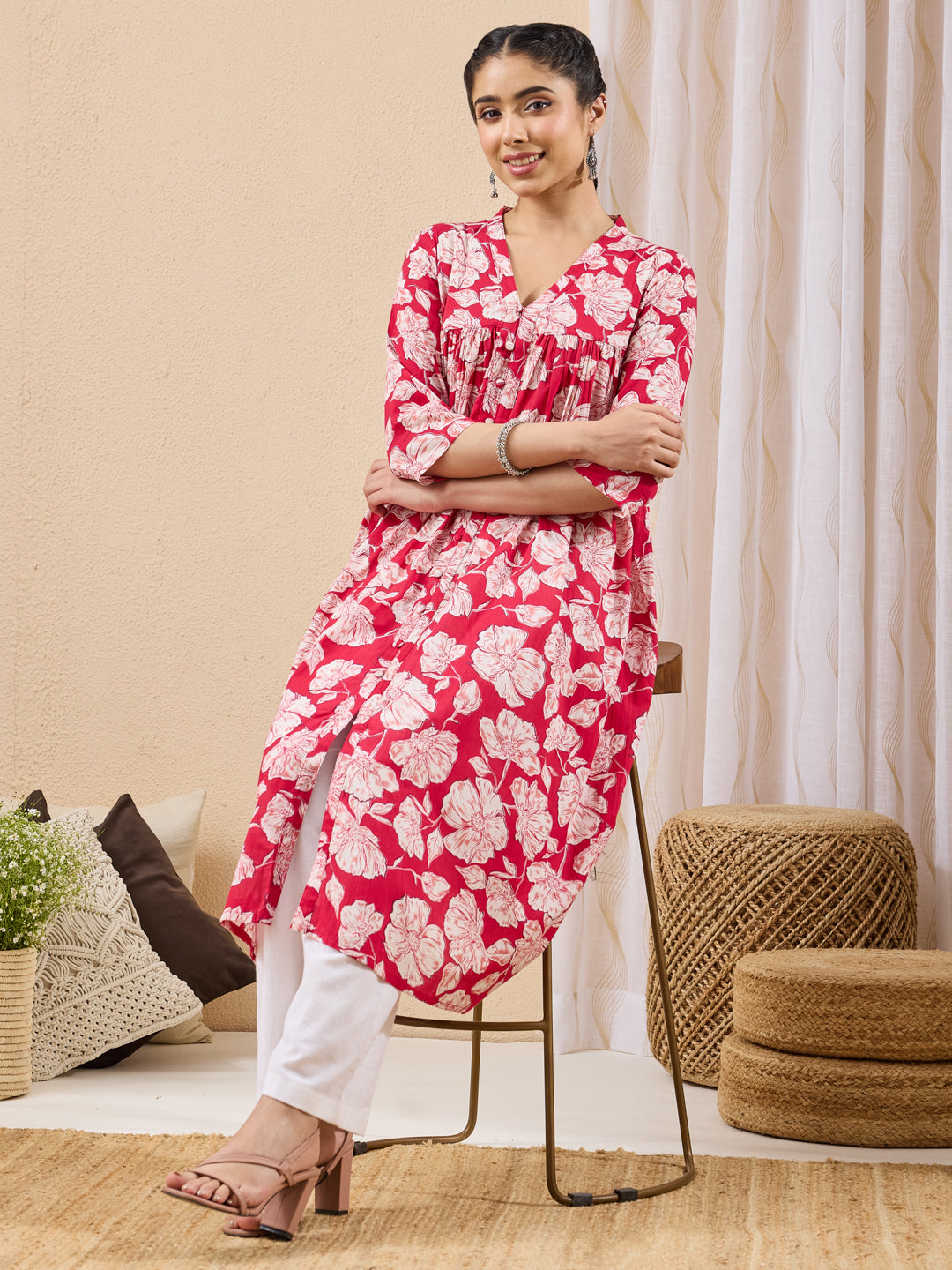 Janasya Women's Pink Pure Cotton Floral Printed A-line Kurta