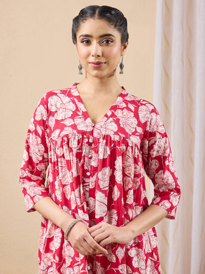 Janasya Women's Pink Pure Cotton Floral Printed A-line Kurta