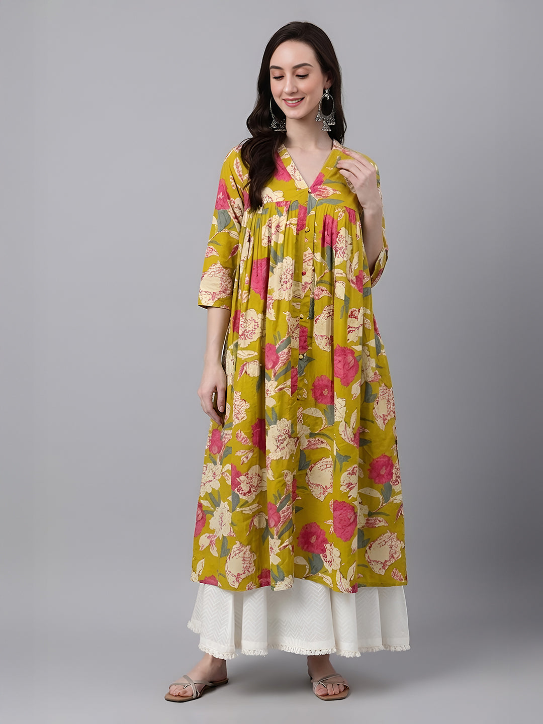 Janasya Women's Mustard Pure Cotton Floral Printed A-Line Flared Kurta