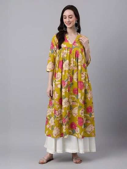 Janasya Women's Mustard Pure Cotton Floral Printed A-Line Flared Kurta