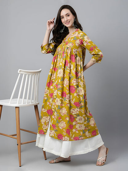 Janasya Women's Mustard Pure Cotton Floral Printed A-Line Flared Kurta