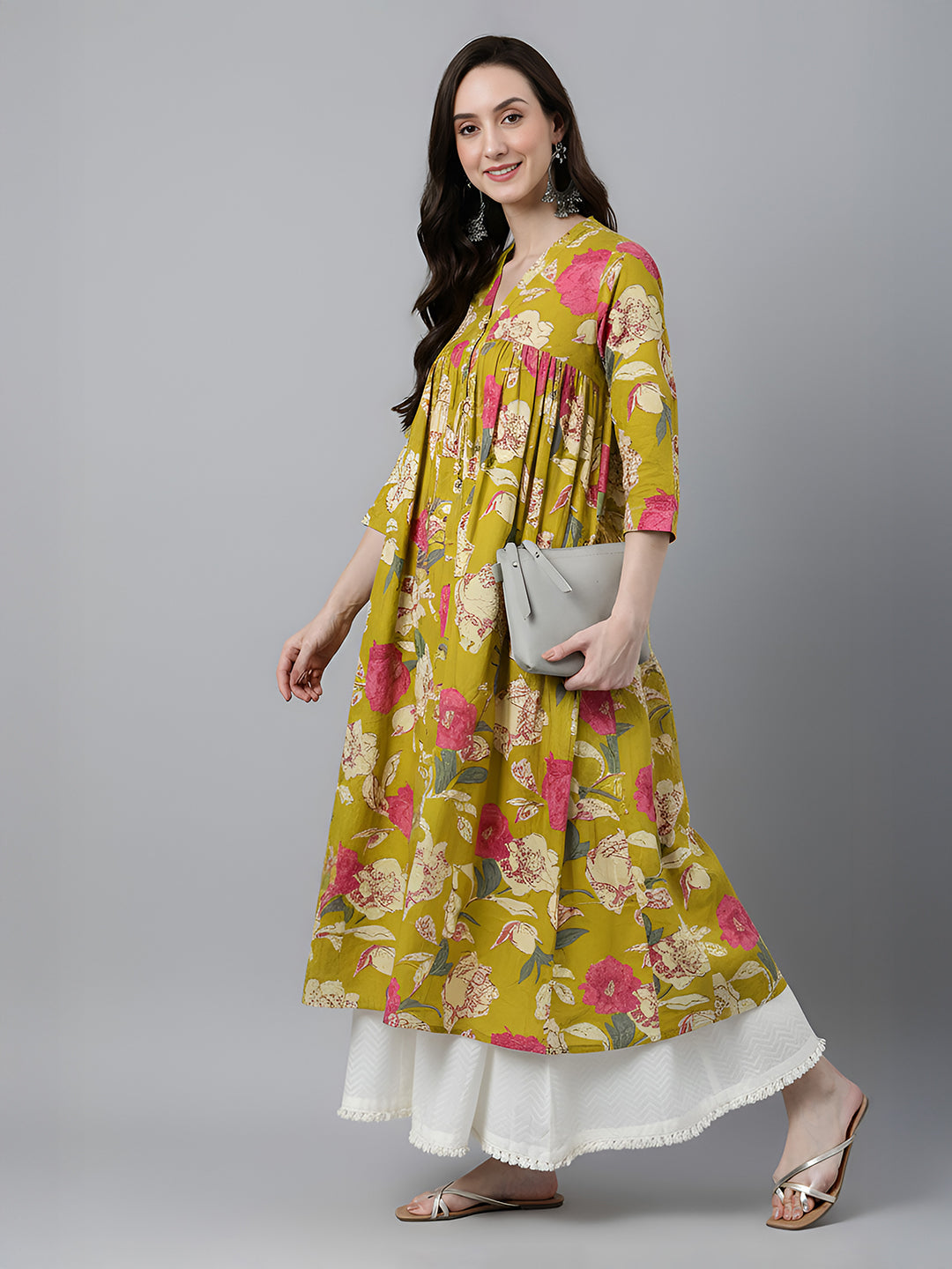 Janasya Women's Mustard Pure Cotton Floral Printed A-Line Flared Kurta