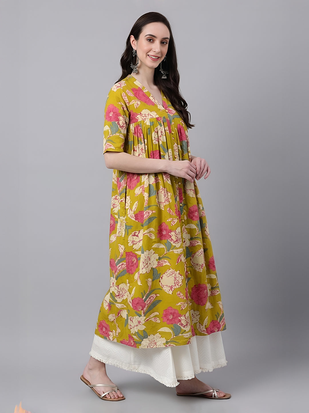 Janasya Women's Mustard Pure Cotton Floral Printed A-Line Flared Kurta
