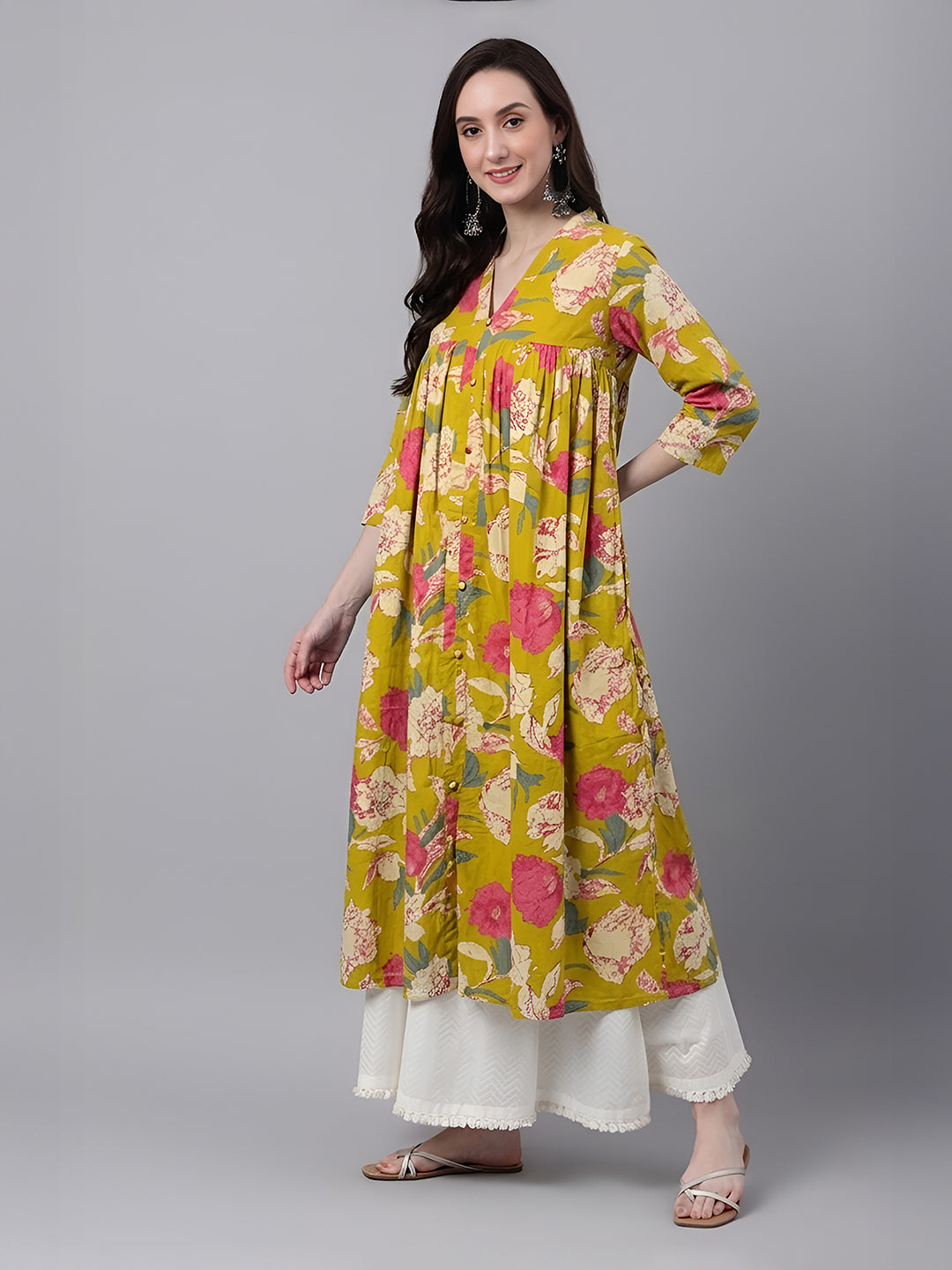 Janasya Women's Mustard Pure Cotton Floral Printed A-Line Flared Kurta
