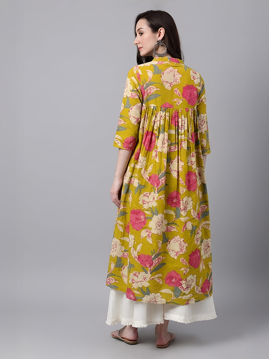Janasya Women's Mustard Pure Cotton Floral Printed A-Line Flared Kurta