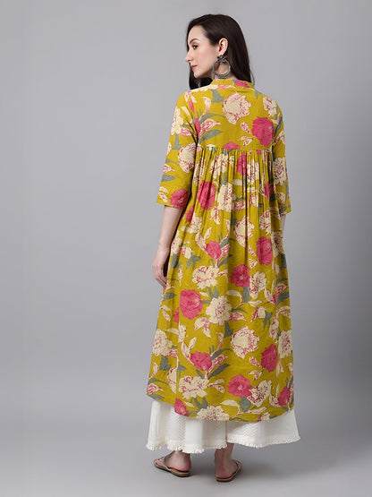 Janasya Women's Mustard Pure Cotton Floral Printed A-Line Flared Kurta
