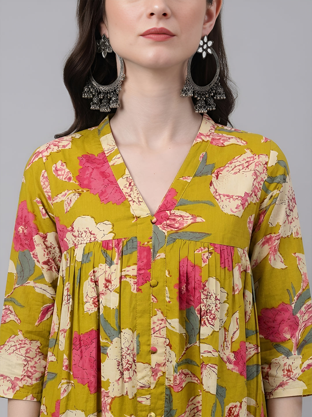 Janasya Women's Mustard Pure Cotton Floral Printed A-Line Flared Kurta
