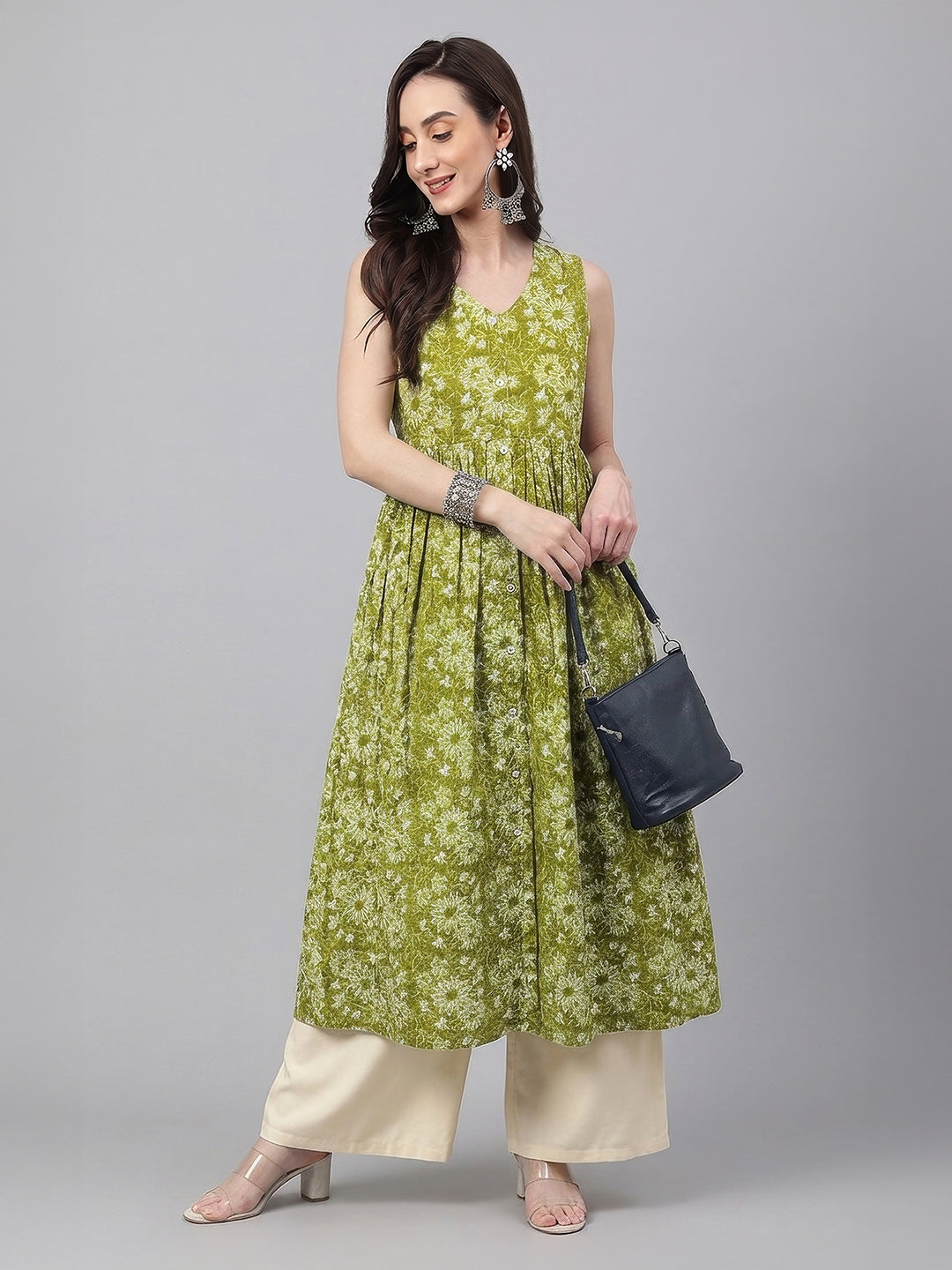 Janasya Women's Olive Green Pure Cotton Floral Printed A-Line Flared Kurta