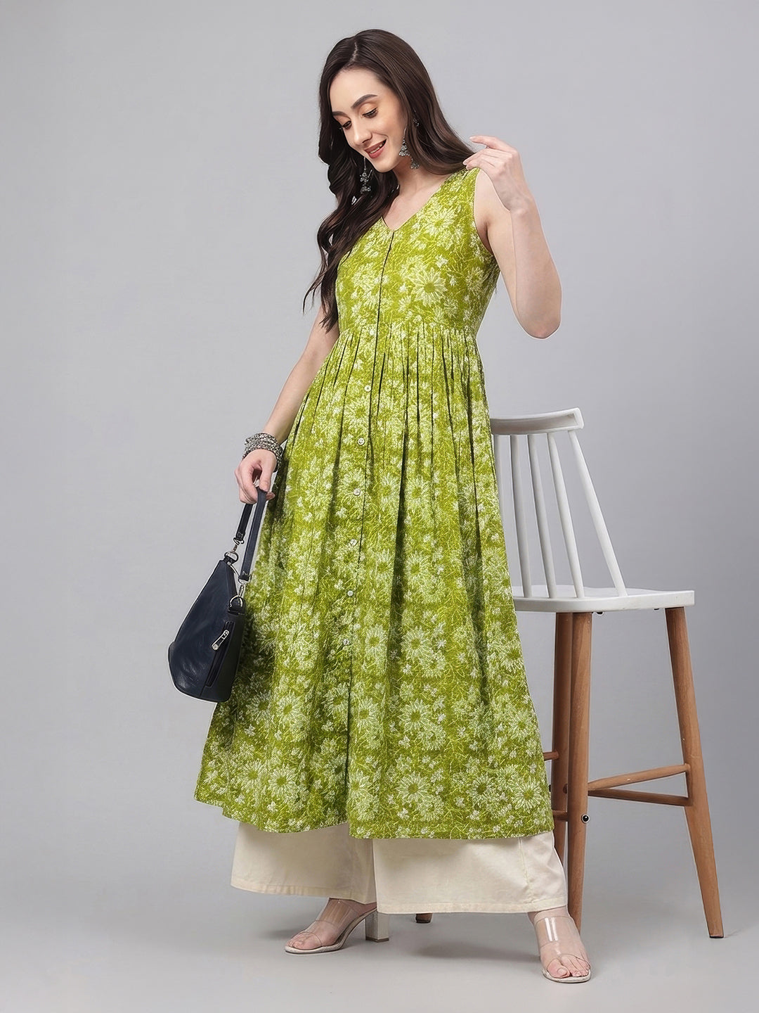 Janasya Women's Olive Green Pure Cotton Floral Printed A-Line Flared Kurta