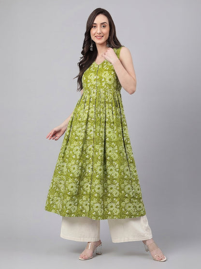 Janasya Women's Olive Green Pure Cotton Floral Printed A-Line Flared Kurta