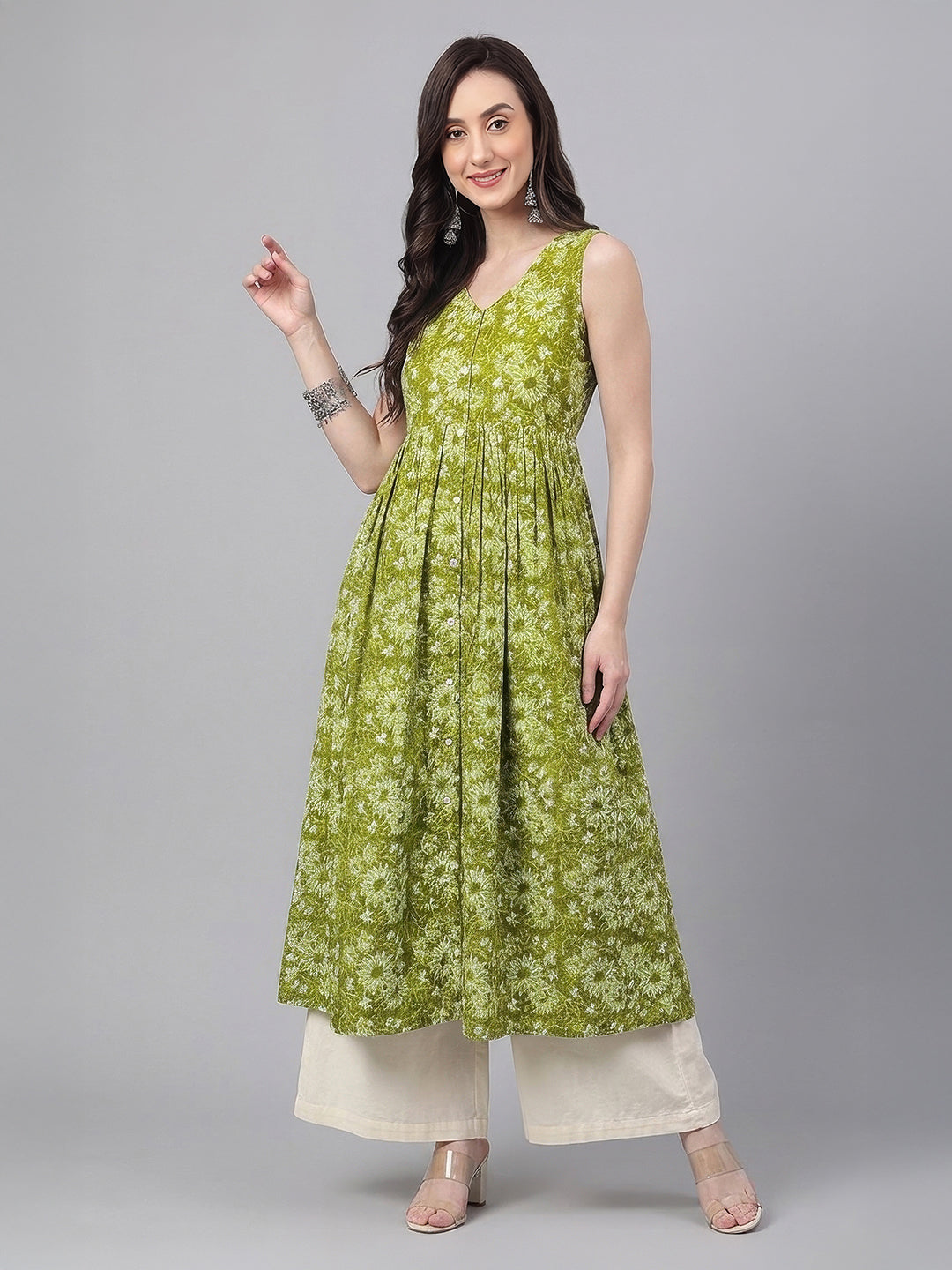 Janasya Women's Olive Green Pure Cotton Floral Printed A-Line Flared Kurta