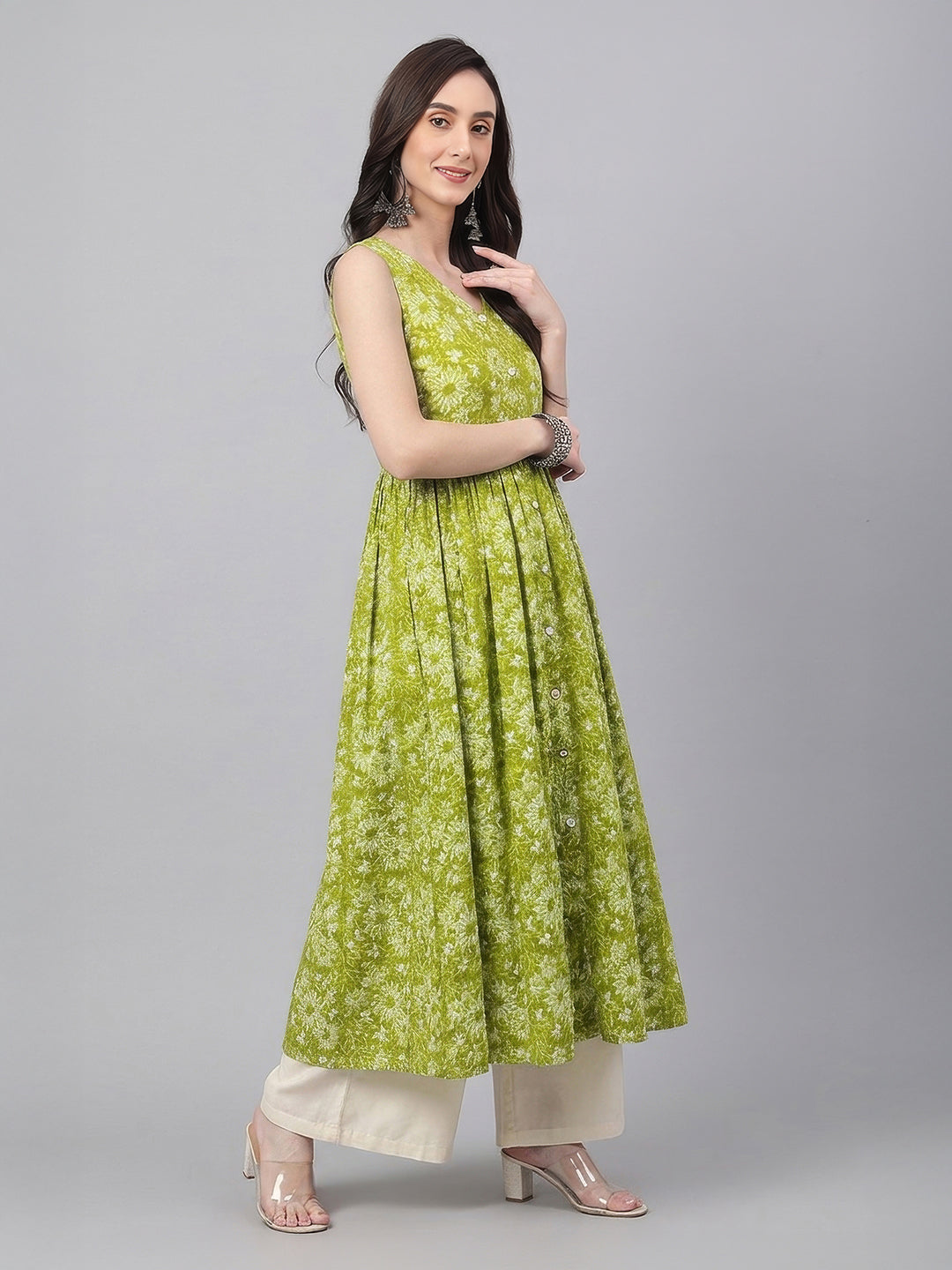Janasya Women's Olive Green Pure Cotton Floral Printed A-Line Flared Kurta