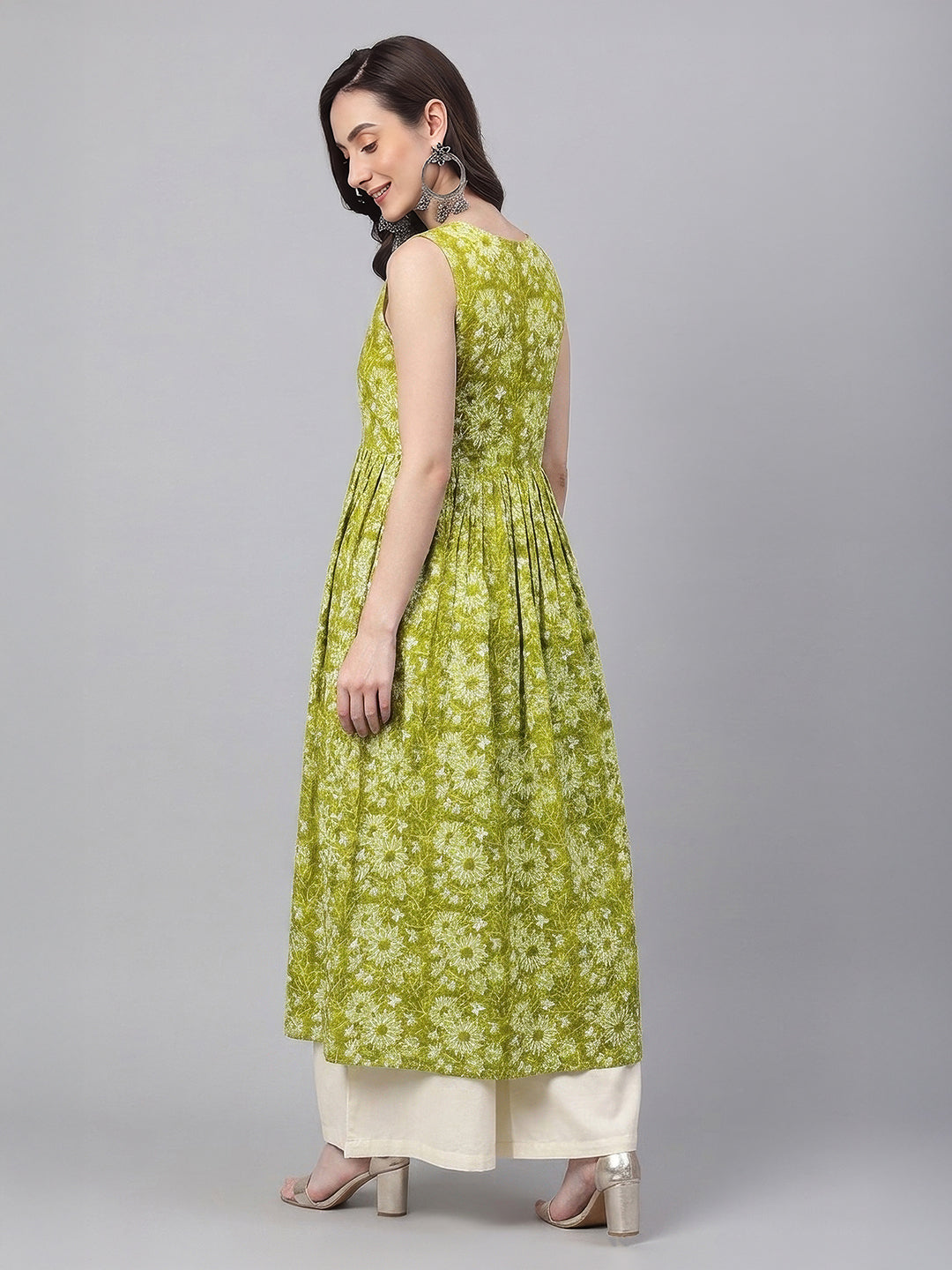 Janasya Women's Olive Green Pure Cotton Floral Printed A-Line Flared Kurta