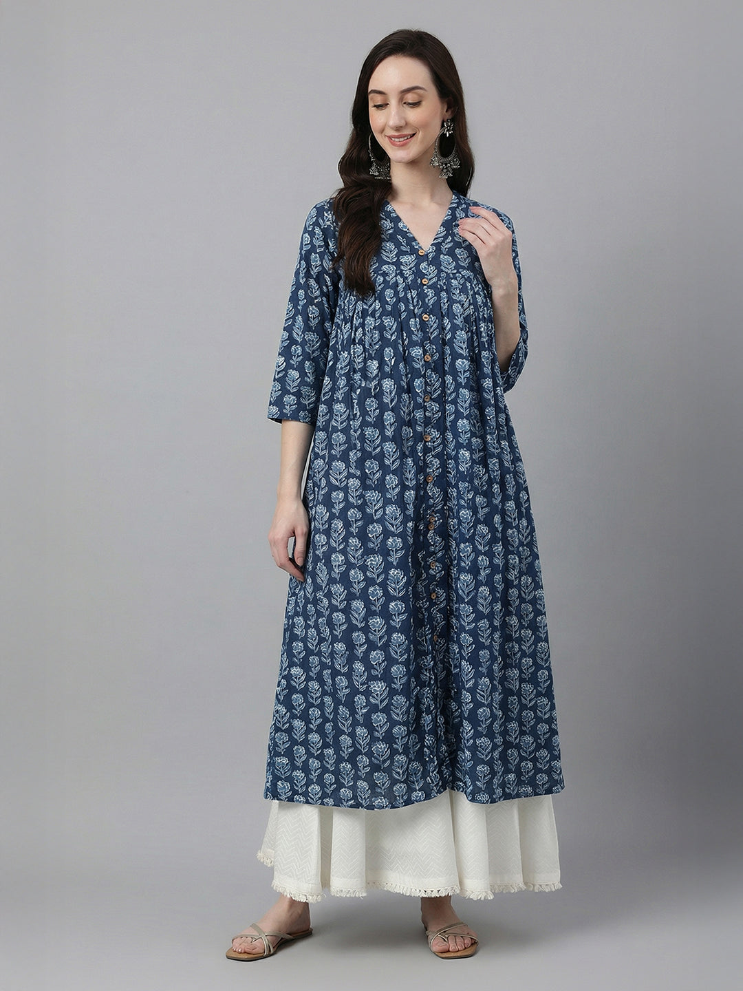 Janasya Women's Navy Blue Pure Cotton Floral Printed A-Line Flared Kurta