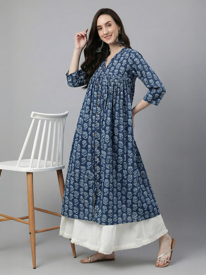 Janasya Women's Navy Blue Pure Cotton Floral Printed A-Line Flared Kurta