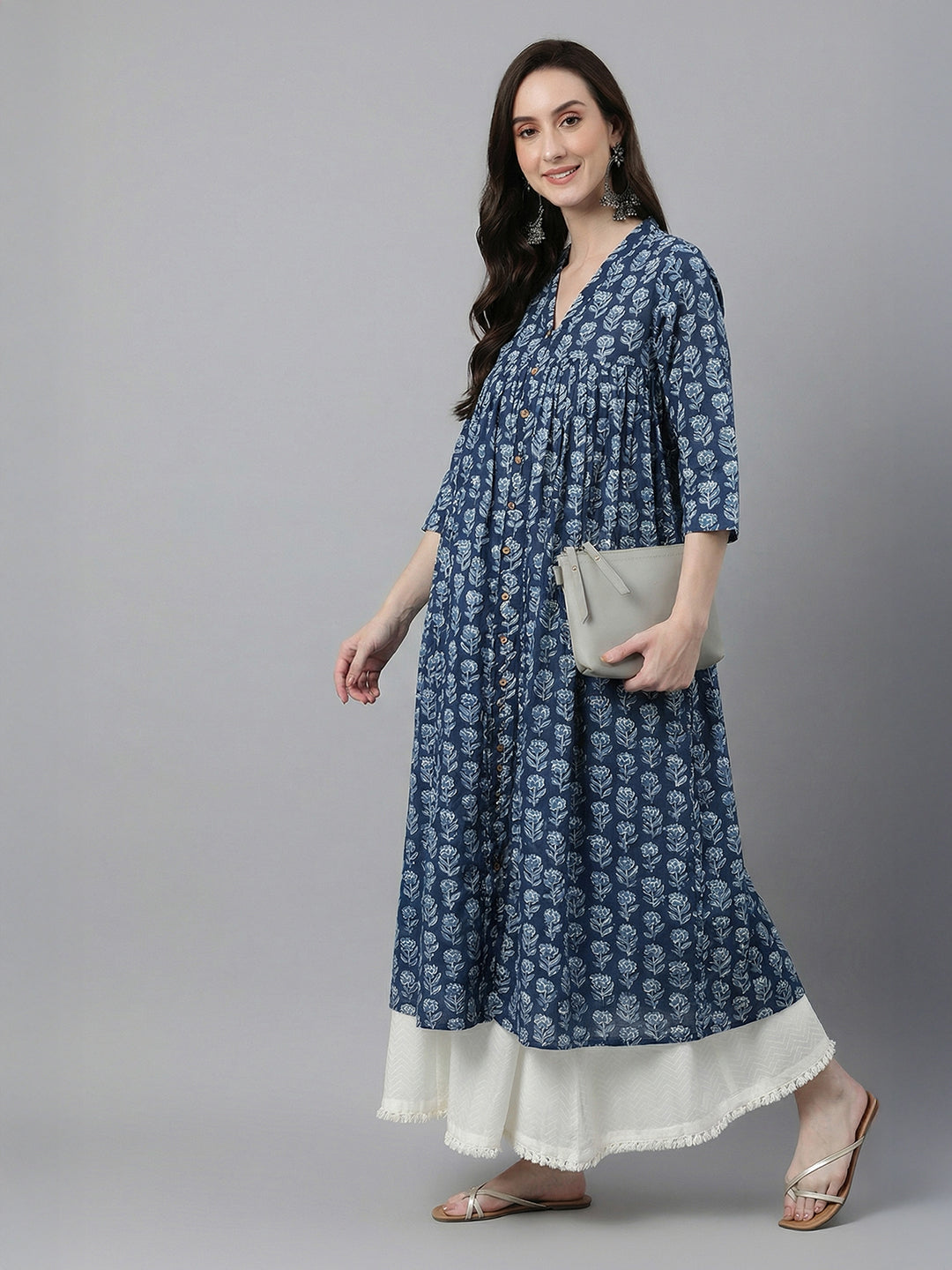 Janasya Women's Navy Blue Pure Cotton Floral Printed A-Line Flared Kurta