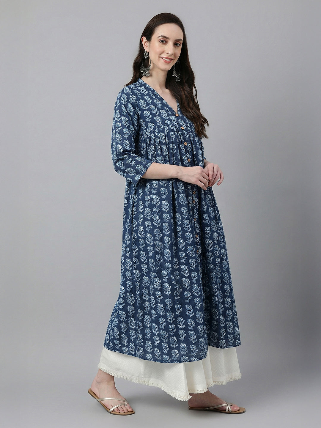 Janasya Women's Navy Blue Pure Cotton Floral Printed A-Line Flared Kurta